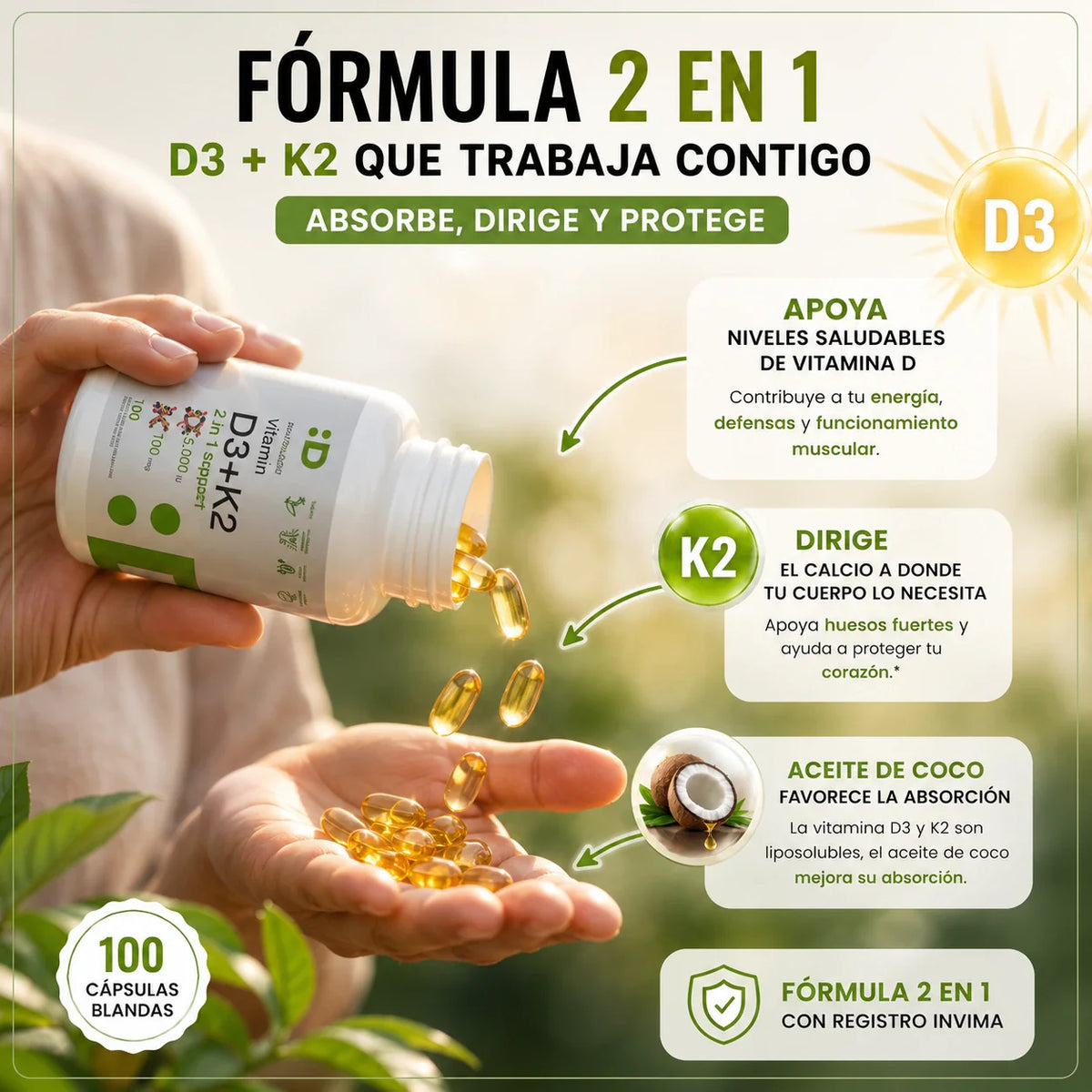 Vitamina D3 + K2 x 100 Cápsulas