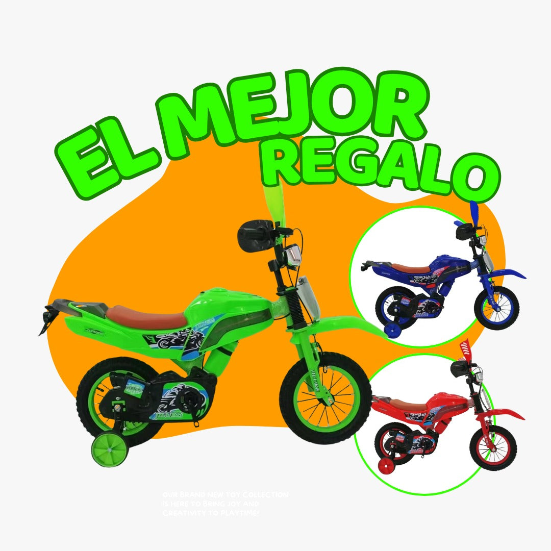 Bicicleta Tipo Moto para Niños - Bicimoto con Ruedas Auxiliares y Termo Incluido