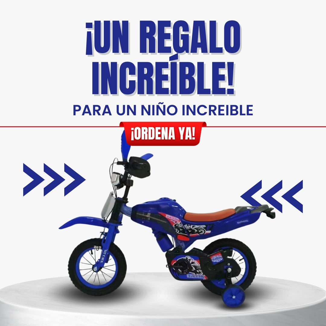 Bicicleta Tipo Moto para Niños - Bicimoto con Ruedas Auxiliares y Termo Incluido