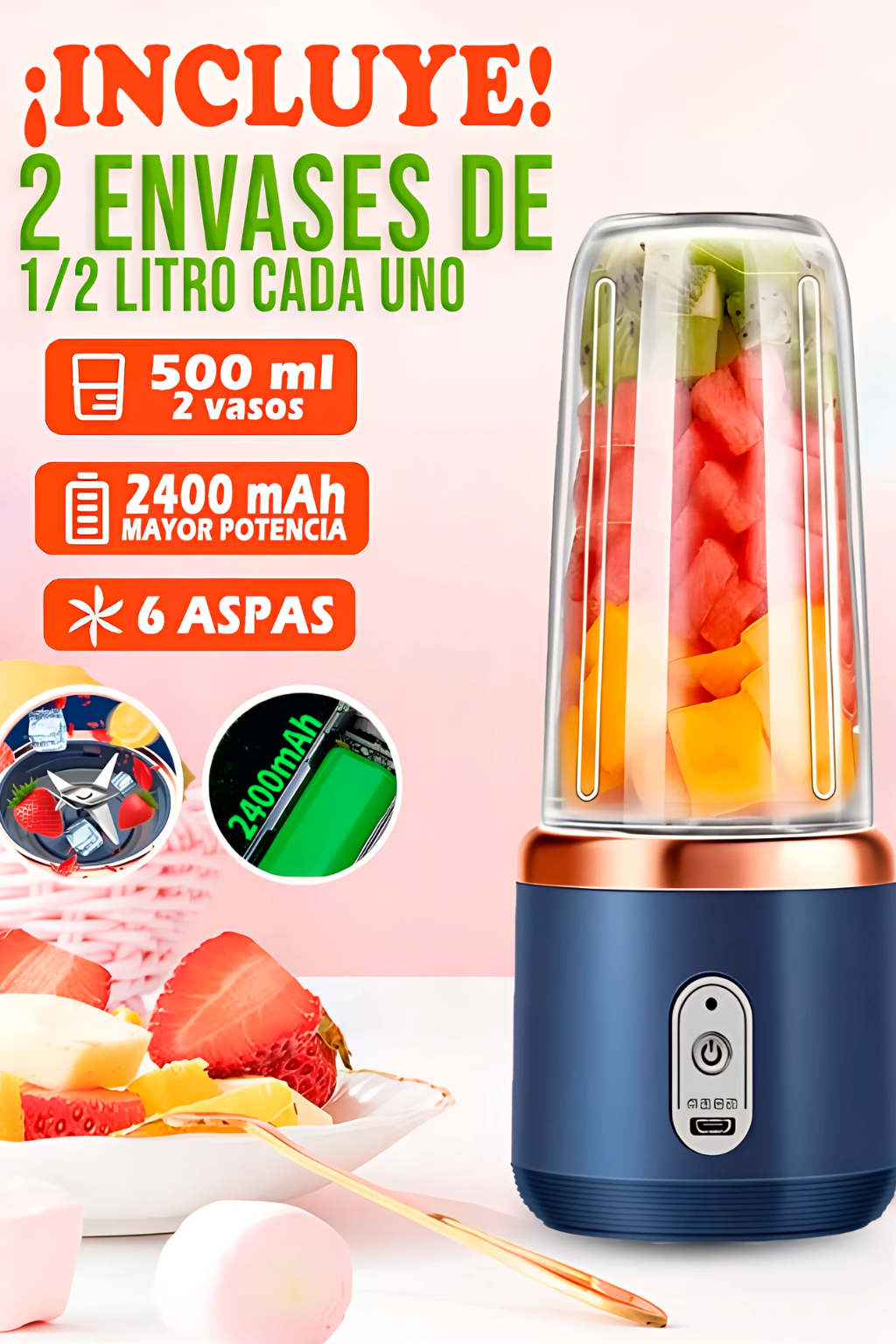 Licuadora Portátil de 500 ml. ¡Tu batido al momento!